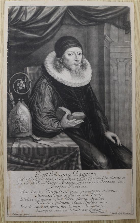 John Smith after Saleman, mezzotint, Portrait of Dr Johannes Baggerus, 1698 unframed 11 x 6.5in.